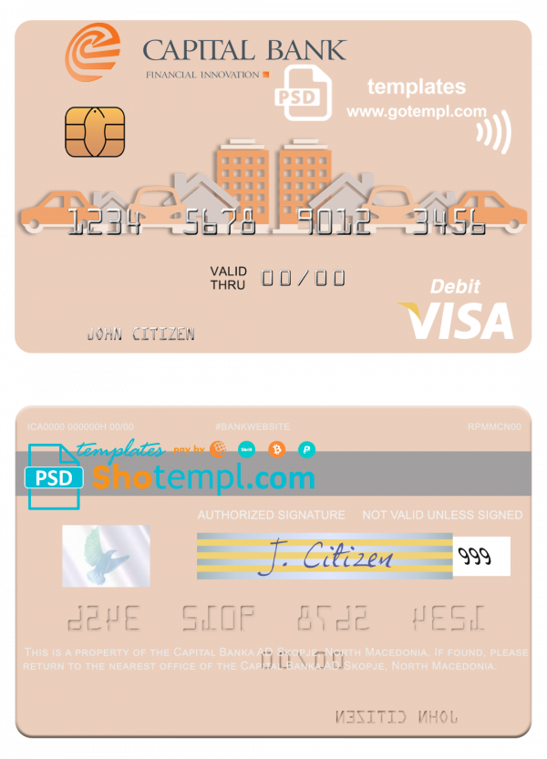 North Macedonia Capital Banka AD Skopje visa debit card, fully editable template in PSD format