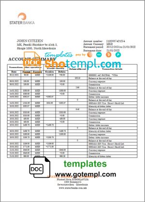 North Macedonia Stater Banka bank statement template in Word and PDF format