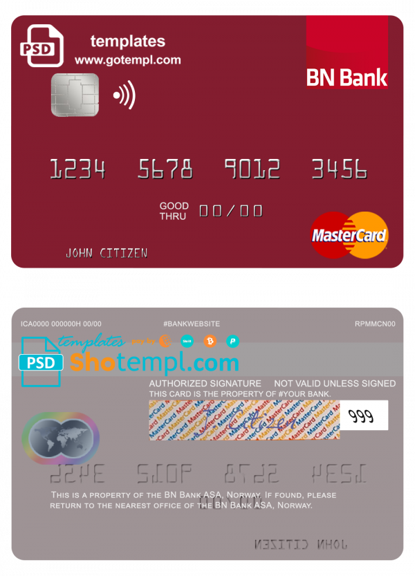 Norway BN Bank ASA mastercard, fully editable template in PSD format
