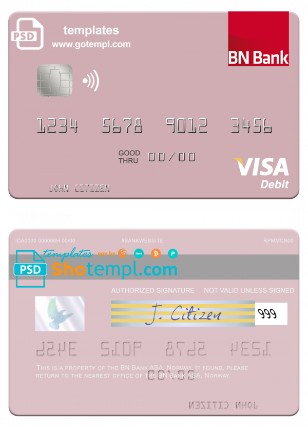 Norway BN Bank ASA visa debit card, fully editable template in PSD format