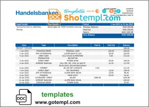 Norway Handelsbank bank statement template in Word and PDF format