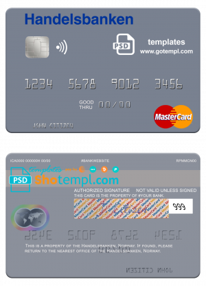 Norway Handelsbanken mastercard, fully editable template in PSD format