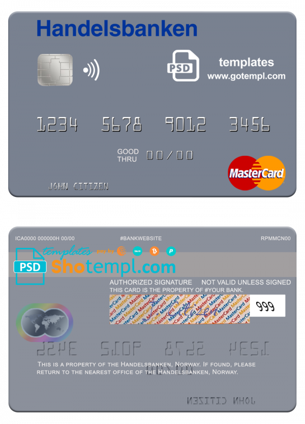 Norway Handelsbanken mastercard, fully editable template in PSD format