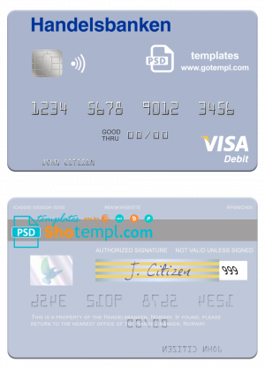 Norway Handelsbanken visa debit card, fully editable template in PSD format