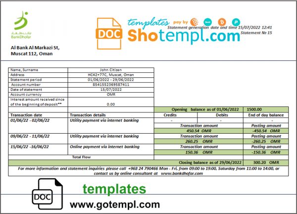 Oman Bank Dhofar bank statement template in Word and PDF format