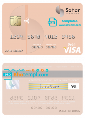 Oman Sohar International Bank visa debit card, fully editable template in PSD format