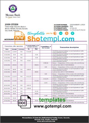 Pakistan Meezan bank statement template in Word and PDF format