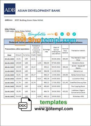 Palau ADB bank statement template in Word and PDF format