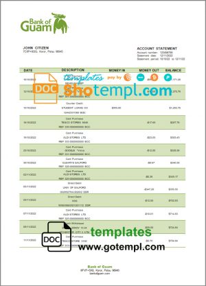 Palau Bank of Guam bank statement template in Word and PDF format