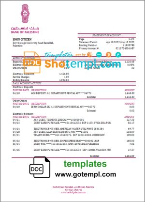 Palestine Bank of Palestine bank statement template in Word and PDF format