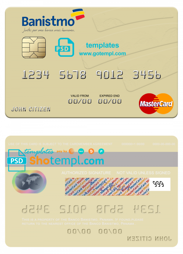 Panama Banco Banistmo mastercard, fully editable template in PSD format