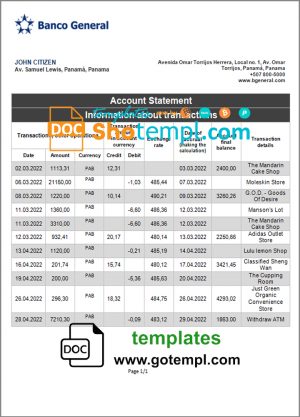 Panama Banco General bank statement template in Word and PDF format