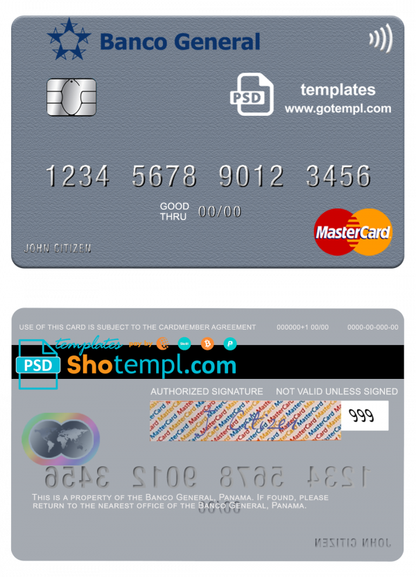 Panama Banco General mastercard credit card template in PSD format