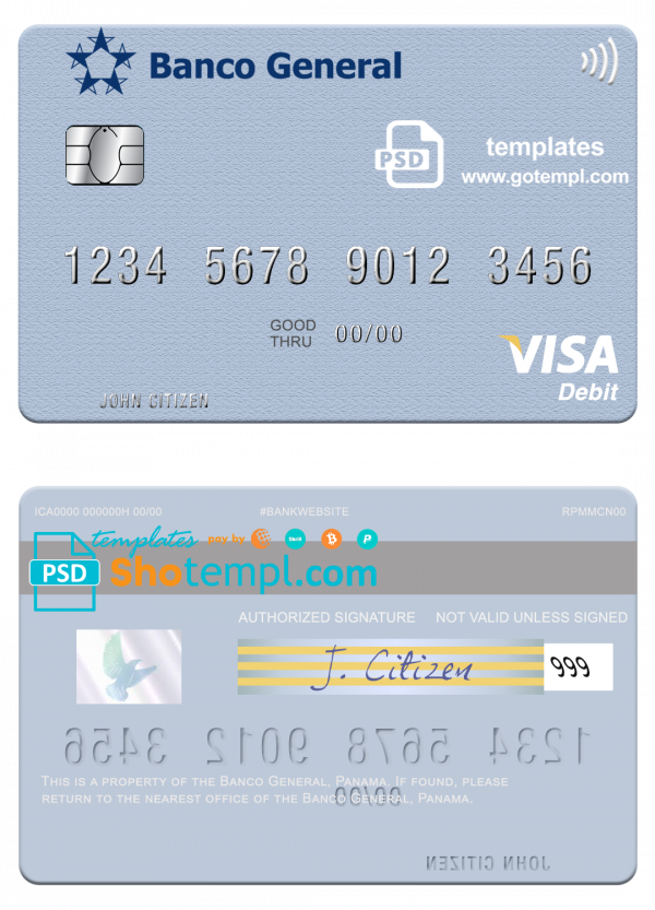 Panama Banco General visa credit card template in PSD format