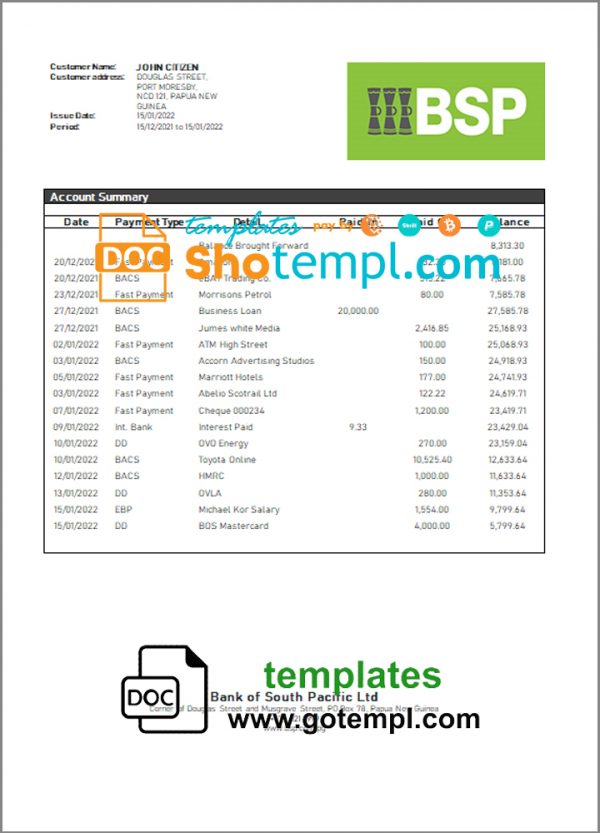 Papua New Guinea BSP bank statement template in Word and PDF format