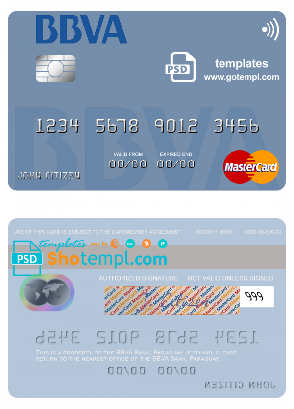 Paraguay Banco BBVA mastercard credit card template in PSD format