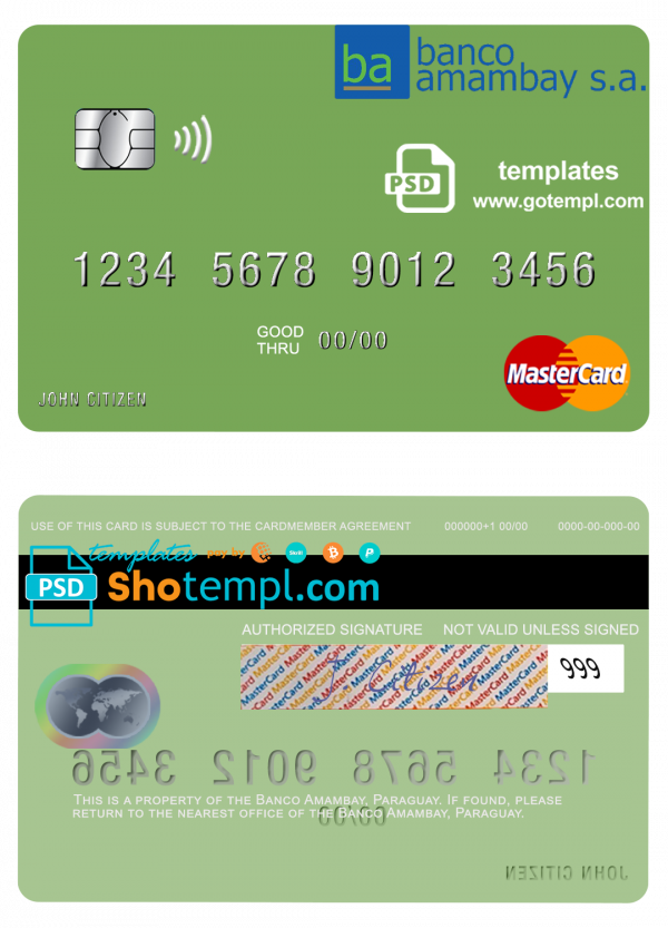 Paraguay Banco Amambay mastercard credit card template in PSD format