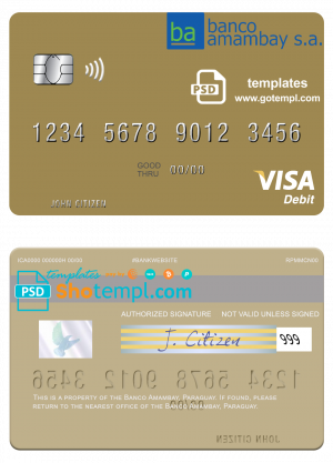 Paraguay Banco Amambay visa debit card template in PSD format, fully editable
