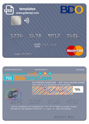 Philippines Banco de Oro mastercard, fully editable template in PSD format