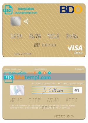 Philippines Banco de Oro visa debit card, fully editable template in PSD format