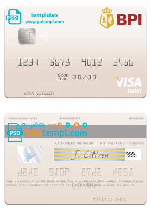 Philippines Bank of the Philippine Islands visa debit card, fully editable template in PSD format