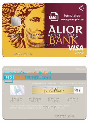 Poland Alior Bank visa debit card, fully editable template in PSD format