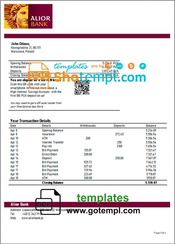 Poland Alior bank statement template in Word and PDF format