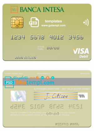Poland Banca Intesa visa debit card, fully editable template in PSD format