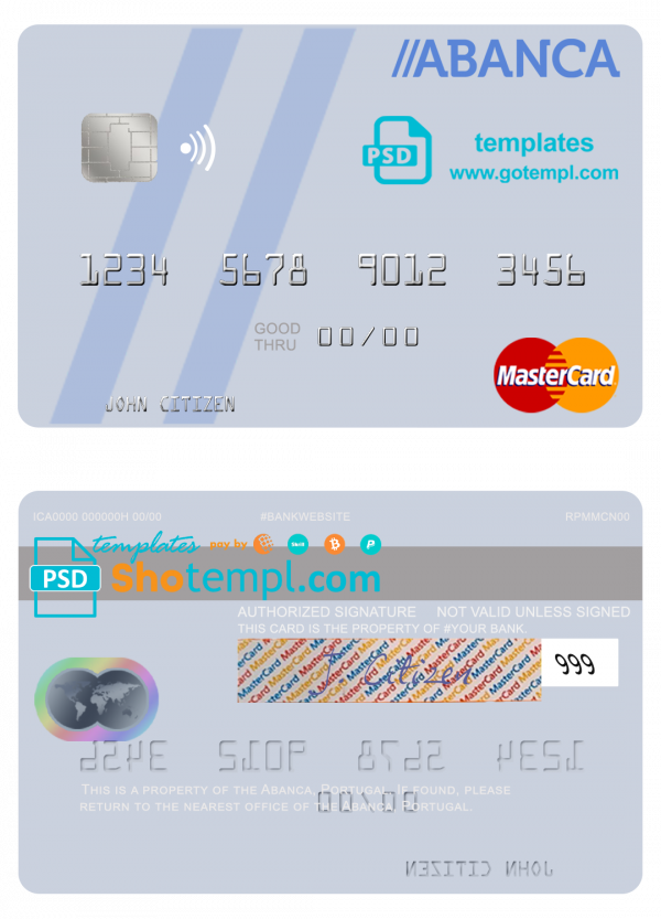 Portugal Abanca mastercard, fully editable template in PSD format