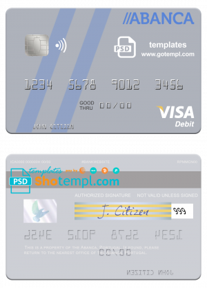 Portugal Abanca visa debit card, fully editable template in PSD format