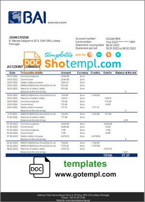 Portugal Banco BAI Europa bank statement in Word and PDF format