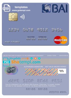 Portugal Banco BAI Europa mastercard, fully editable template in PSD format