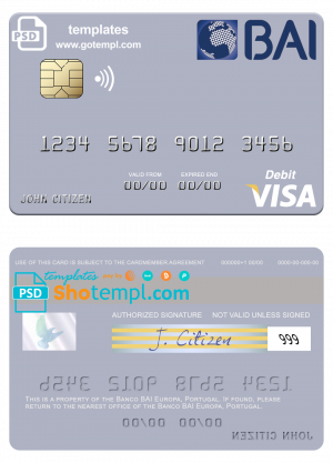 Portugal Banco BAI Europa visa debit card, fully editable template in PSD format