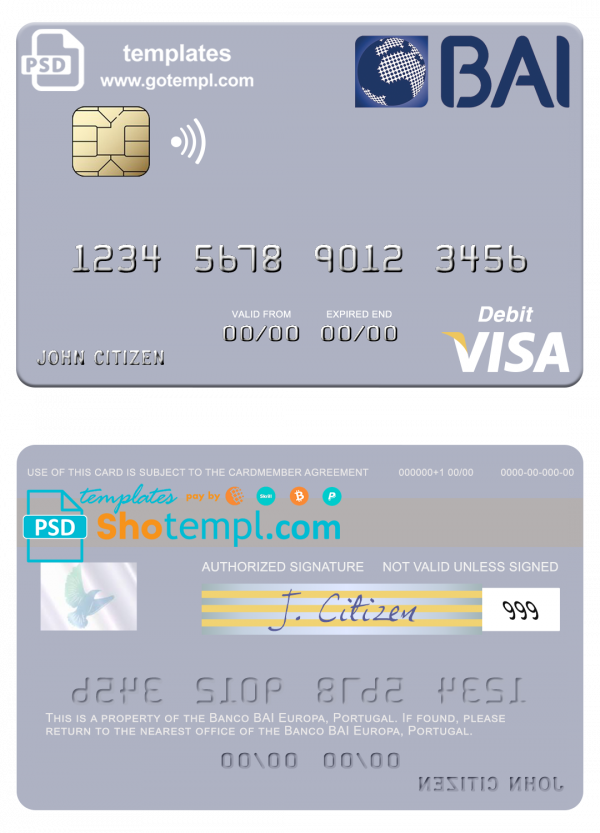 Portugal Banco BAI Europa visa debit card, fully editable template in PSD format