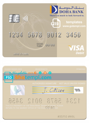 Qatar Doha Bank visa debit card, fully editable template in PSD format