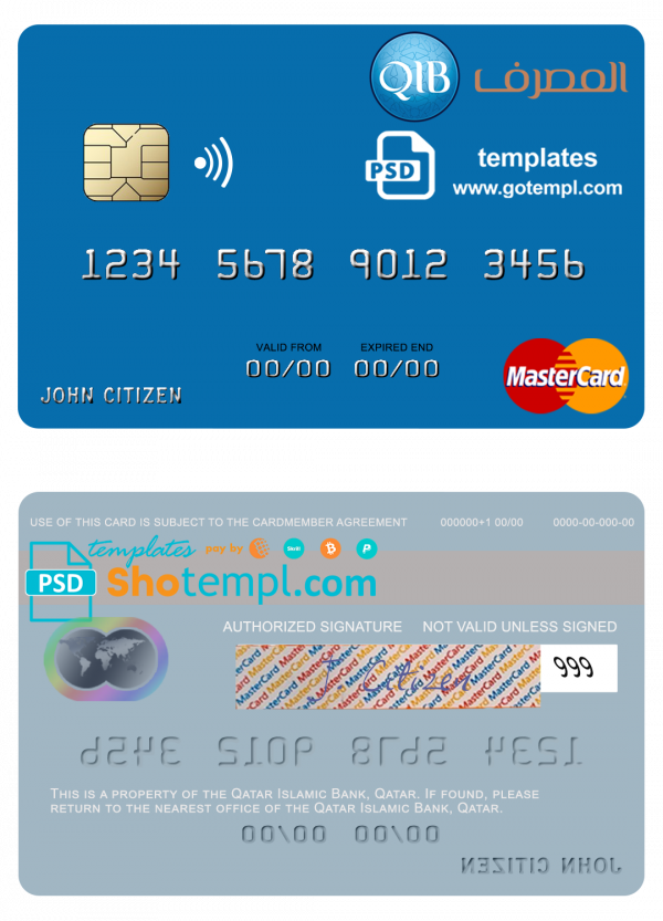 Qatar Islamic Bank mastercard, fully editable template in PSD format
