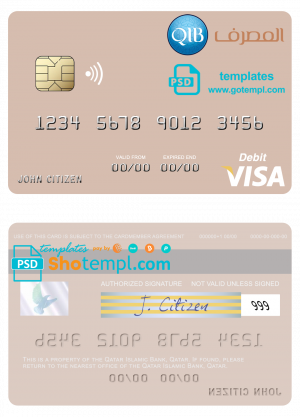 Qatar Islamic Bank visa debit card, fully editable template in PSD format