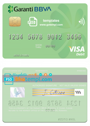 Romania Garanti BBVA visa debit card, fully editable template in PSD format