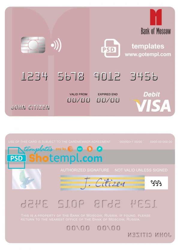 Russia Bank of Moscow visa debit card, fully editable template in PSD format