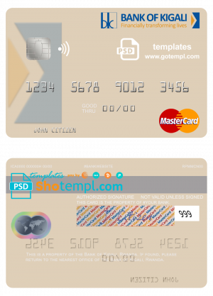 Rwanda Bank of Kigali mastercard credit card template in PSD format