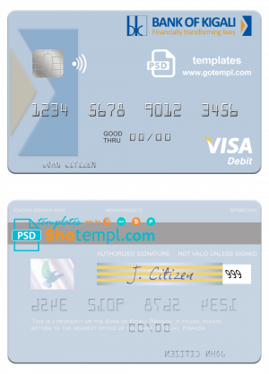 Rwanda Bank of Kigali visa debit card template in PSD format