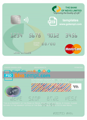 Saint Kitts and Nevis Bank of Nevis mastercard credit card template in PSD format
