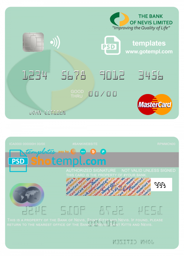 Saint Kitts and Nevis Bank of Nevis mastercard credit card template in PSD format