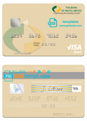 Saint Kitts and Nevis Bank of Nevis visa debit card template in PSD format