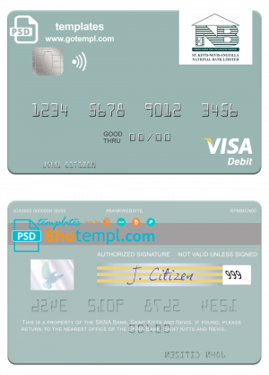 Saint Kitts and Nevis SKNA Bank visa debit card template in PSD format
