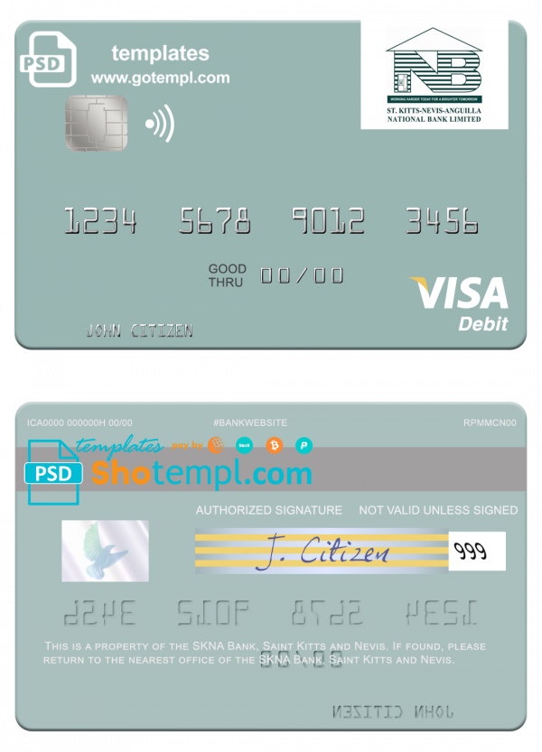 Saint Kitts and Nevis SKNA Bank visa debit card template in PSD format