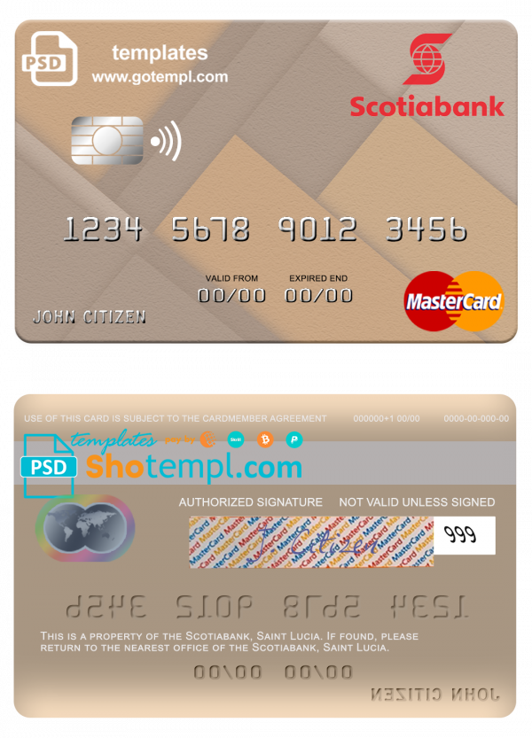 Saint Lucia Scotiabank mastercard credit card template in PSD format