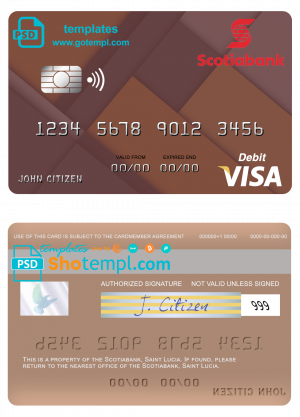 Saint Lucia Scotiabank visa debit credit card template in PSD format