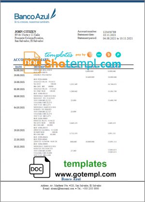 Salvador Banco Azul bank statement template in Word and PDF format