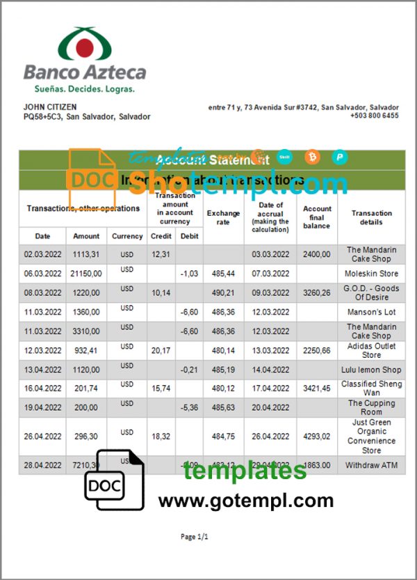 Salvador Banco Azteca bank statement template in Word and PDF format